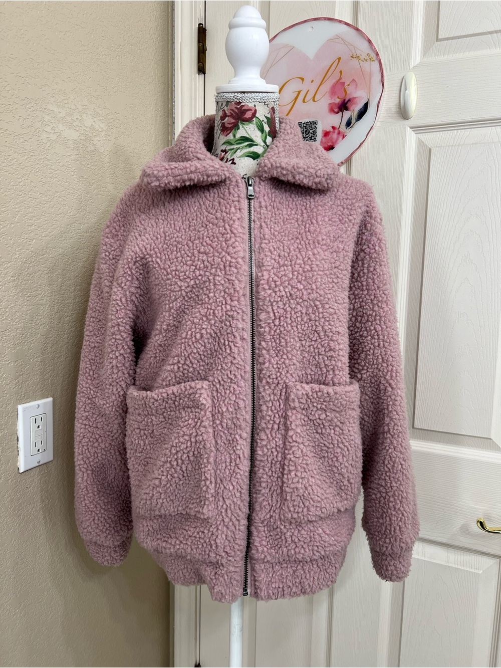 Anthropologie Elodie Mauve Teddy Zip-Up Jacket